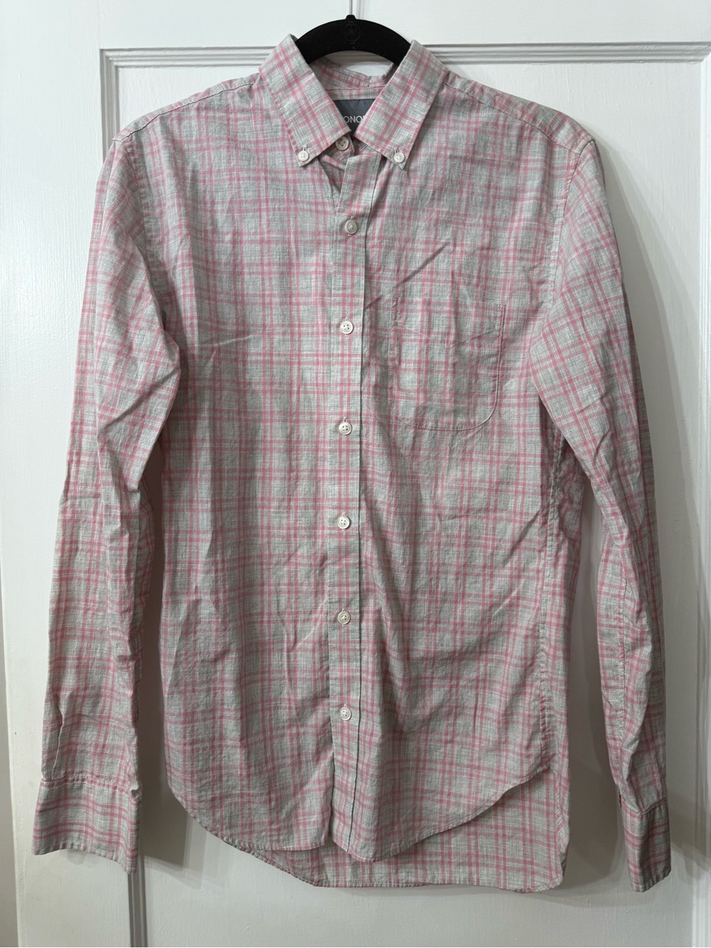 Bonobos slim fit men's pink and gray plaid button-down long-sleeve shirt